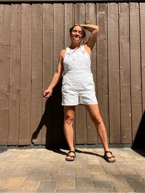 White Dickies Denim Short Overalls Womens Medium Workwear Utility Romper